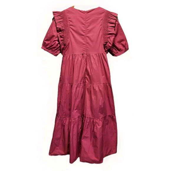 New English Factory Berry Pink Tiered Square Neck Puff Sleeve Midi Dress XS - Picture 6 of 9